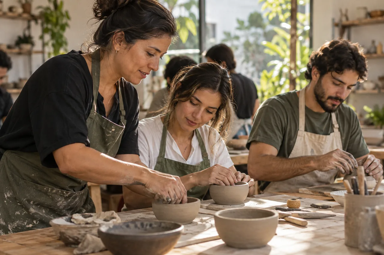 Una facilitadora acompaña a dos participantes mientras trabajan piezas de cerámica.