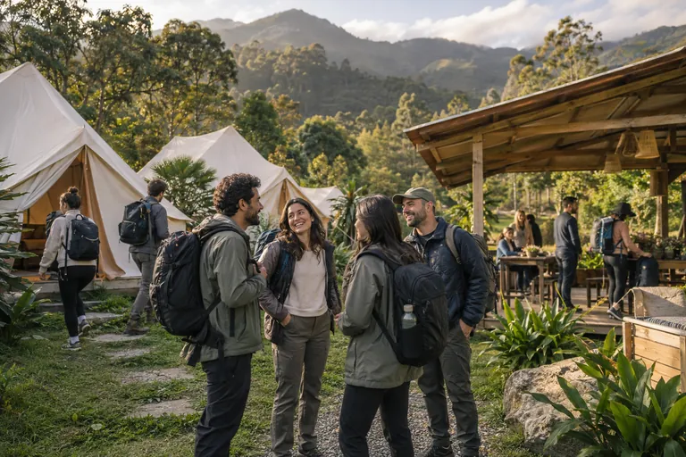 Participantes adultos llegan a un campamento entre montañas y zonas verdes.
