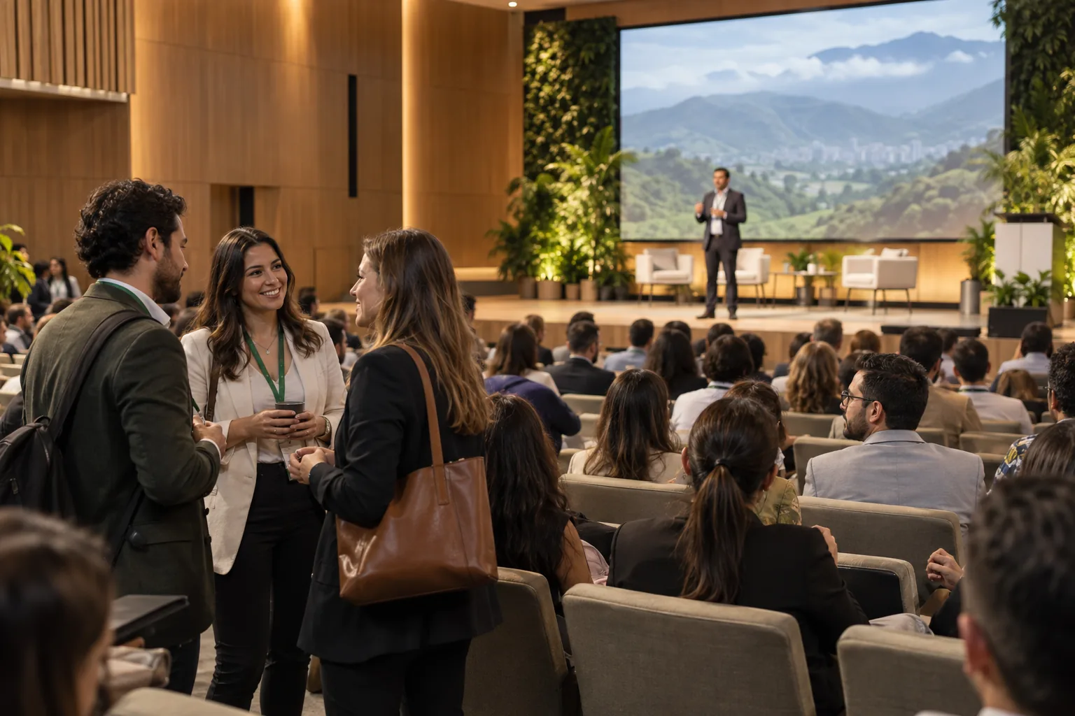 Asistentes conversan en un congreso profesional junto a un auditorio.