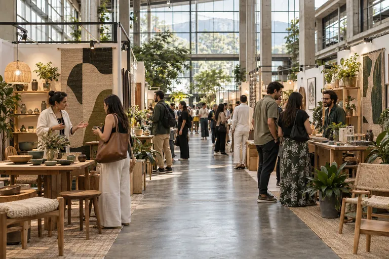 Visitantes recorren una feria de diseño con expositores de muebles, textiles y cerámica.