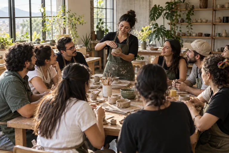Participantes aprenden cerámica en un taller práctico con una instructora.