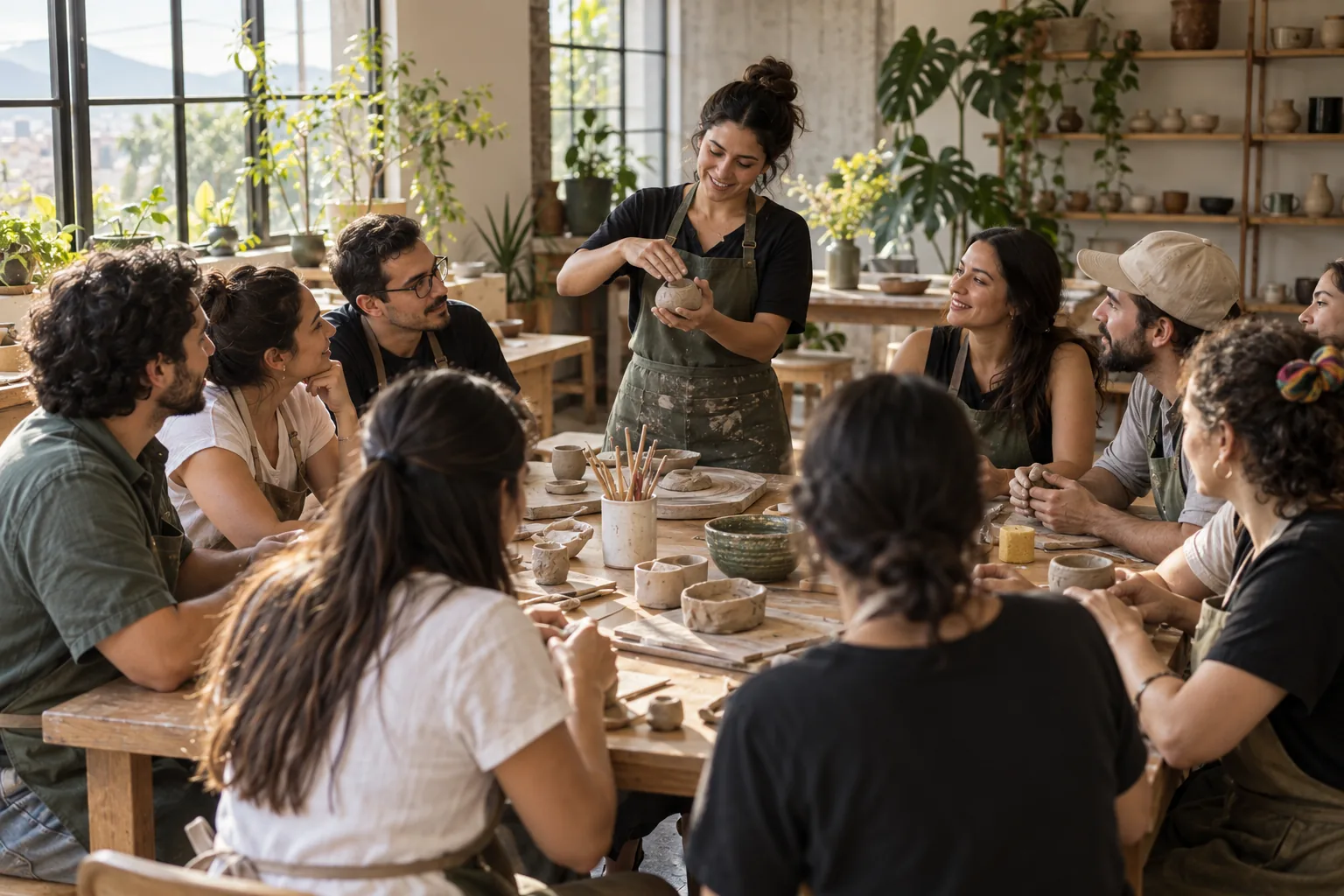 Participantes aprenden cerámica en un taller práctico con una instructora.